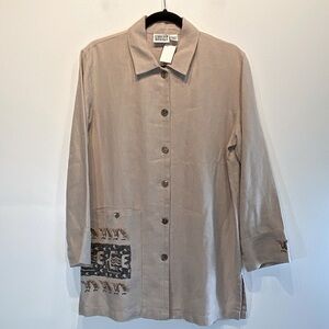 Chico’s Linen Shirt Jacket Size 1 US M 8-10 Beige Tribal Artsy Long Sleeves